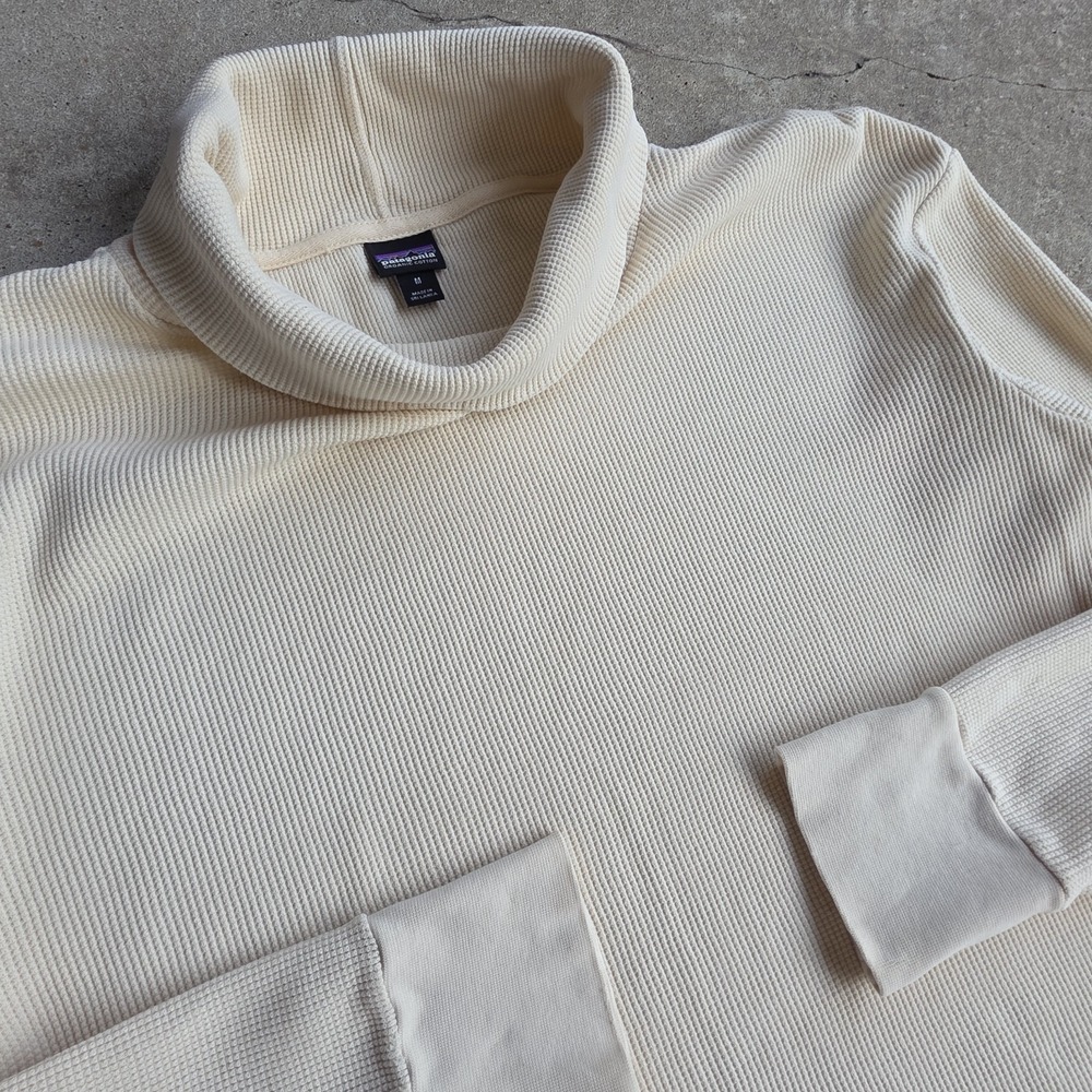 Patagonia Waffle Knit Turtleneck Sz M Cream Gorpcore Organic Cotton Basic Layer